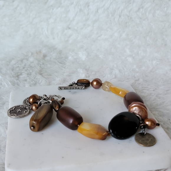 SILPADA Beaded Gemstone Bracelet w/ Shell, Horn, Glass, Pearls, Sterling, Bronze - Picture 4 of 8